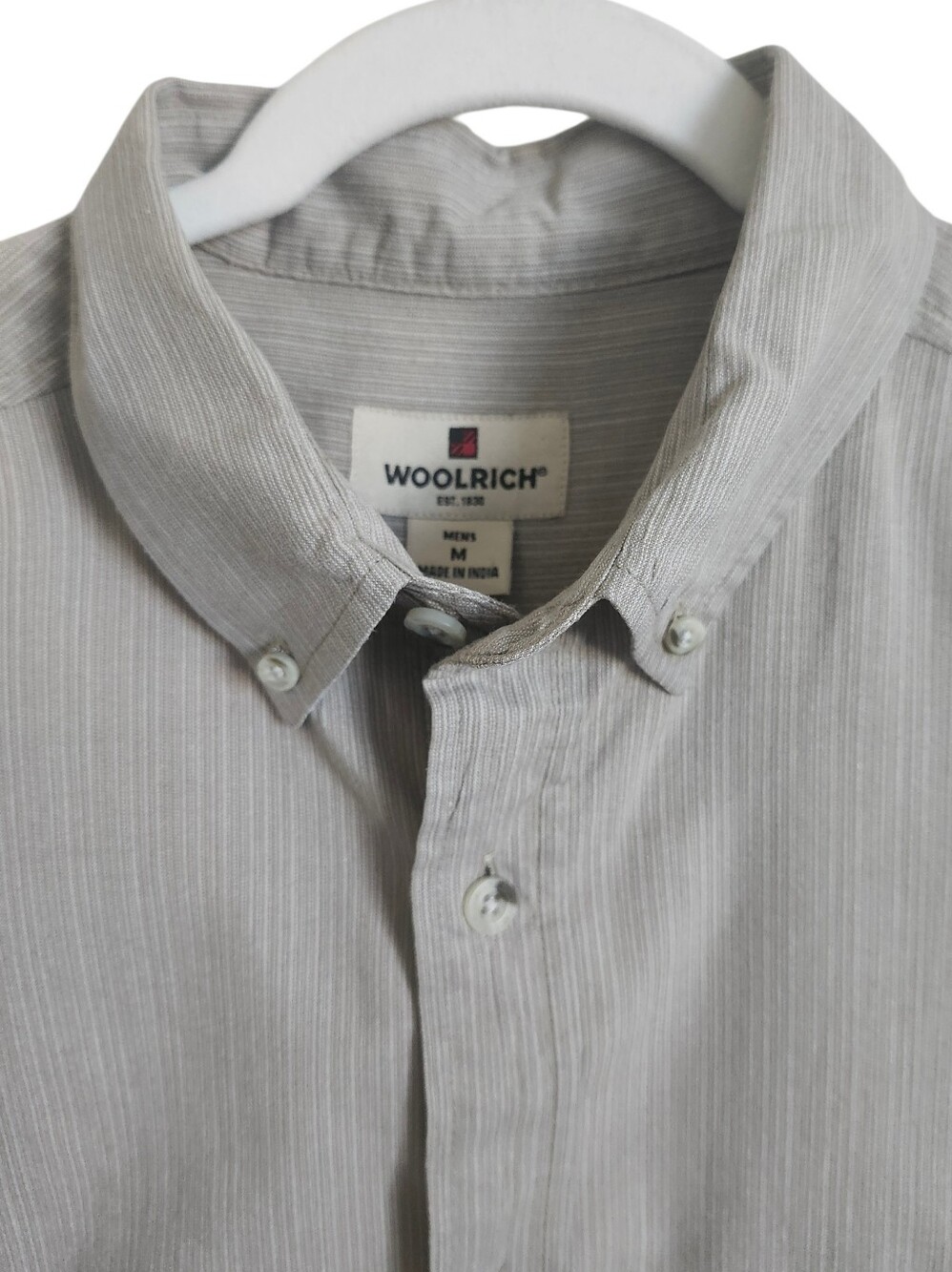Woolrich Mens Light Gray Pinstripe Button-Down Short Sleeve Shirt Medium